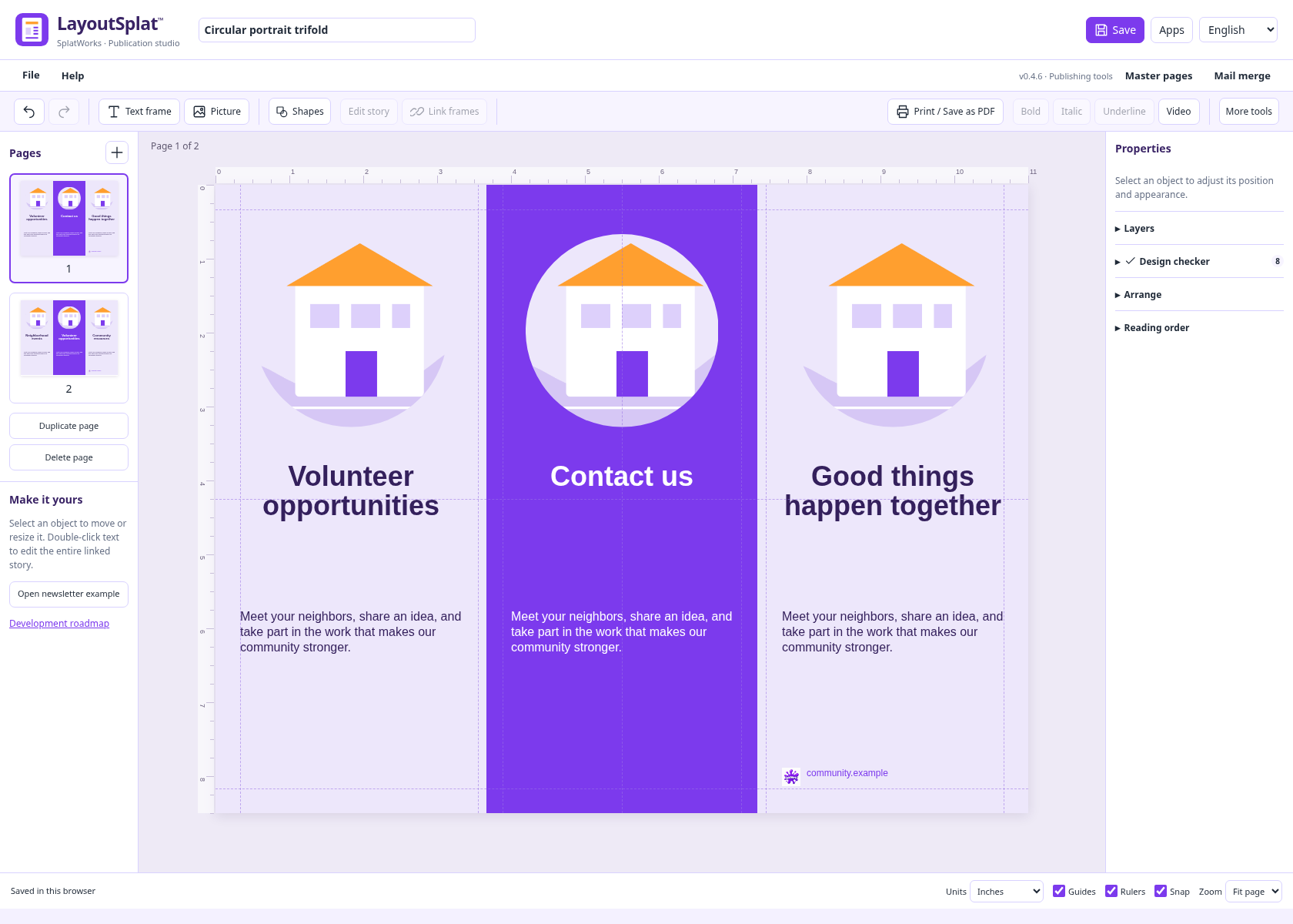 An editable trifold brochure with fold divisions, pictures, and text frames.
