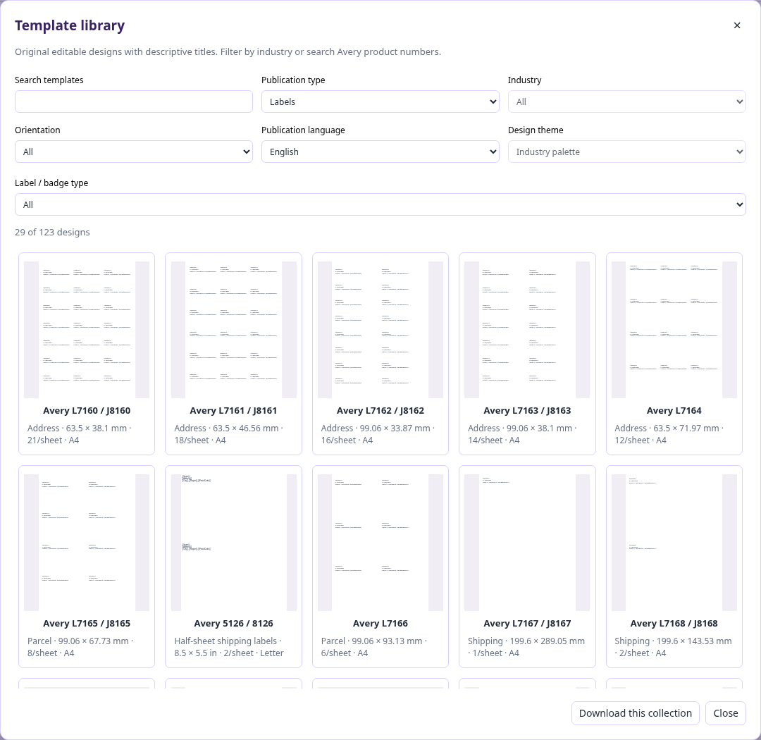 Avery stock-number template cards with dimensions and label/badge filtering.