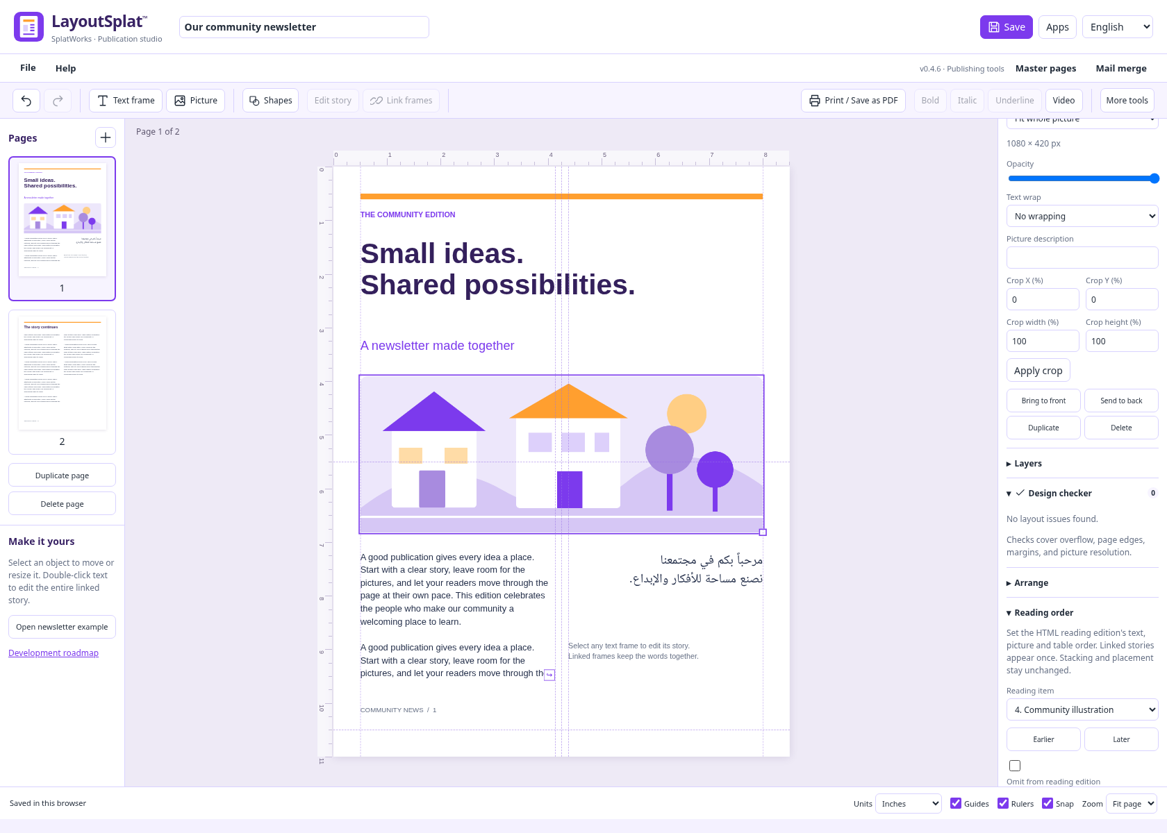Design checker and reading-order controls beside the publication canvas.