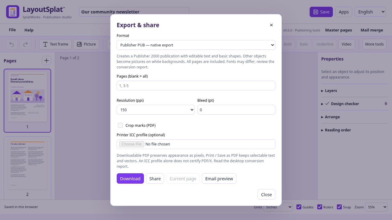 Publisher PUB export dialog in LayoutSplat v0.6.0.