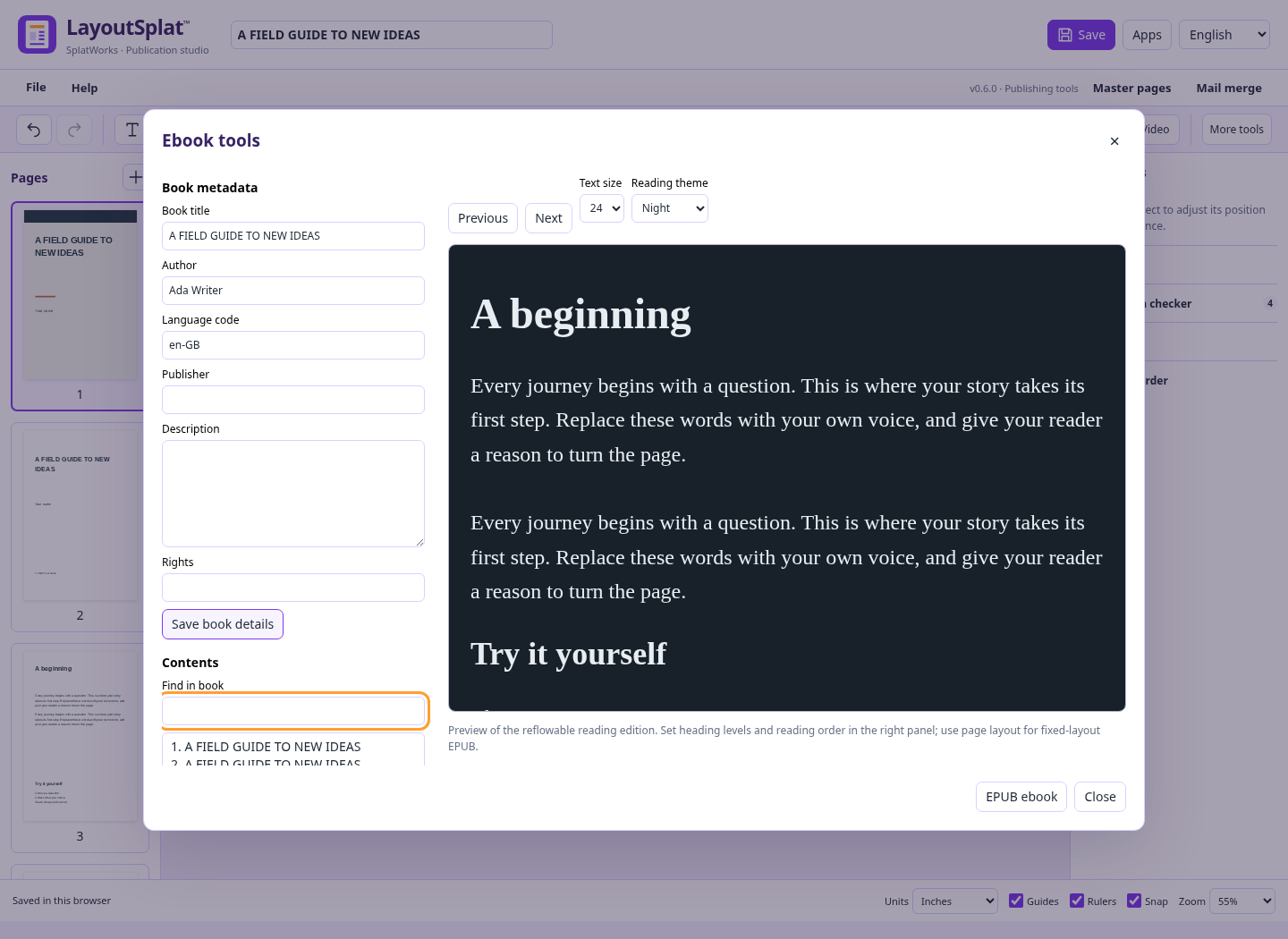 Ebook metadata, outline and reading preview