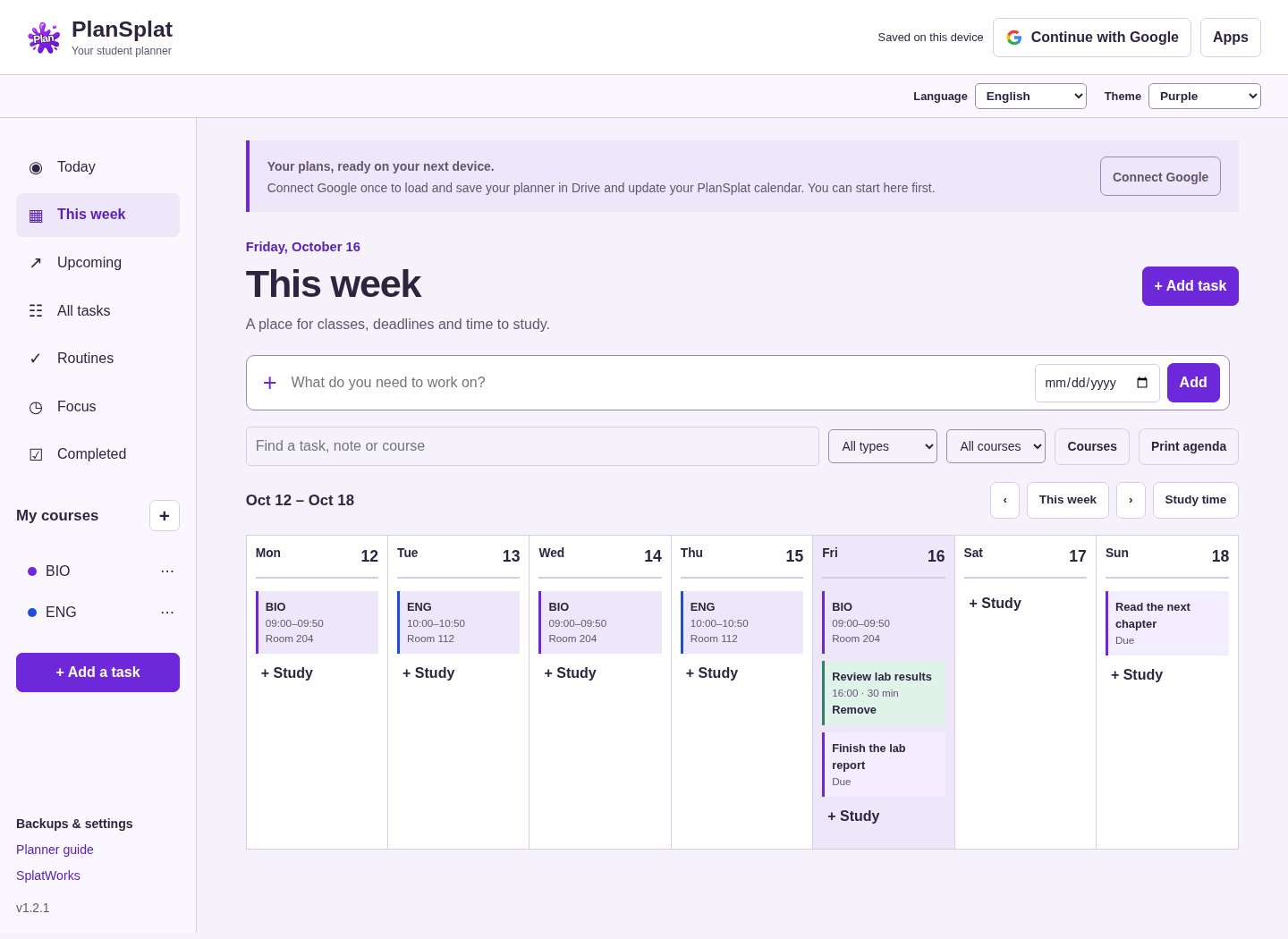 PlanSplat weekly schedule with course meetings and study planning.