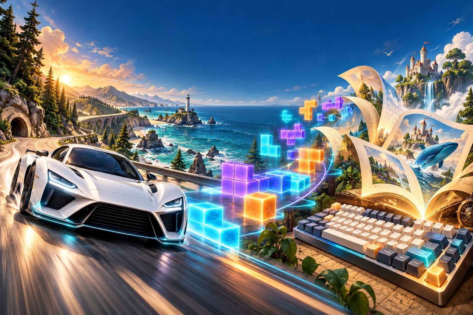Illustrated typing adventures with a spy car, word challenges, and friendly pets